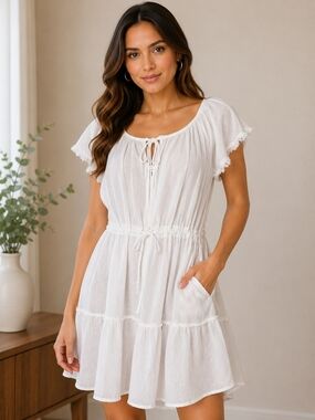 Blanca D Ibiza by Isabel Torres 100% Linen White Boho Dress | Drawstring Waist |